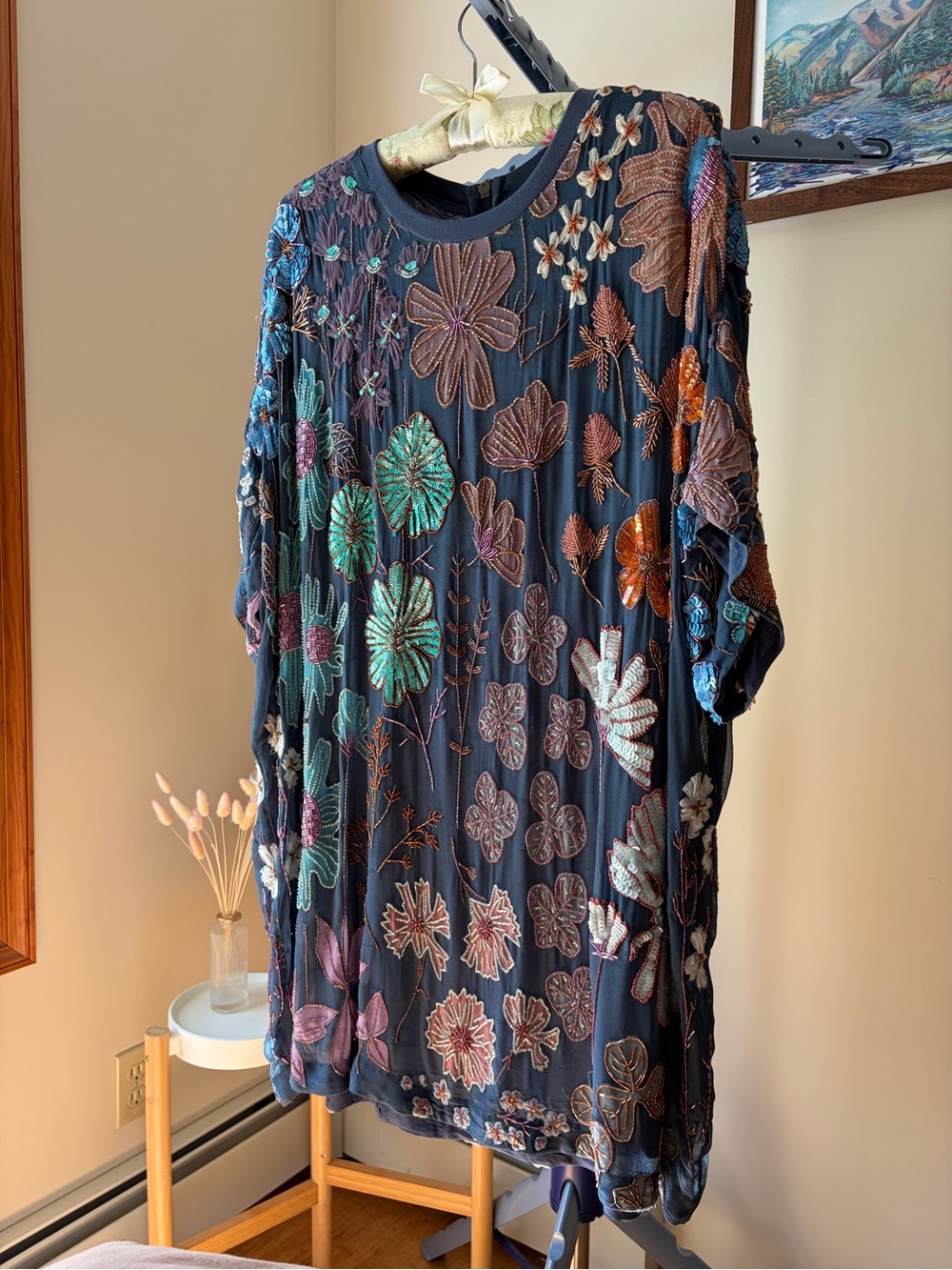 Free People Jewel Mini Dress XL Zenon Blue Beaded Sequin Floral
